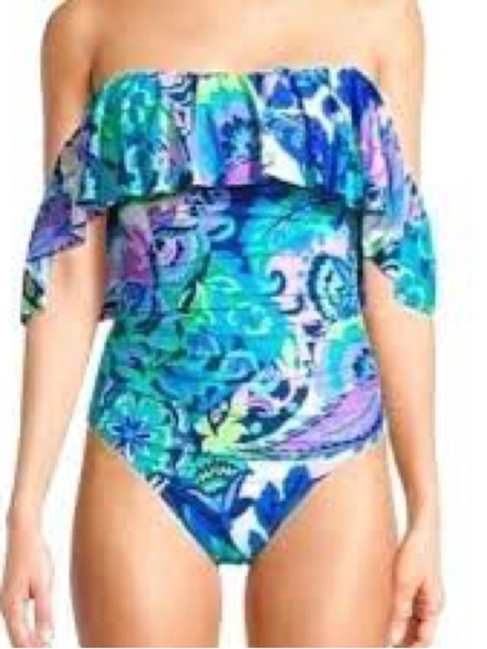 NWT Elie Tahari Blue Multi floral Off-Shoulder One-Piece Swimsuit medium
